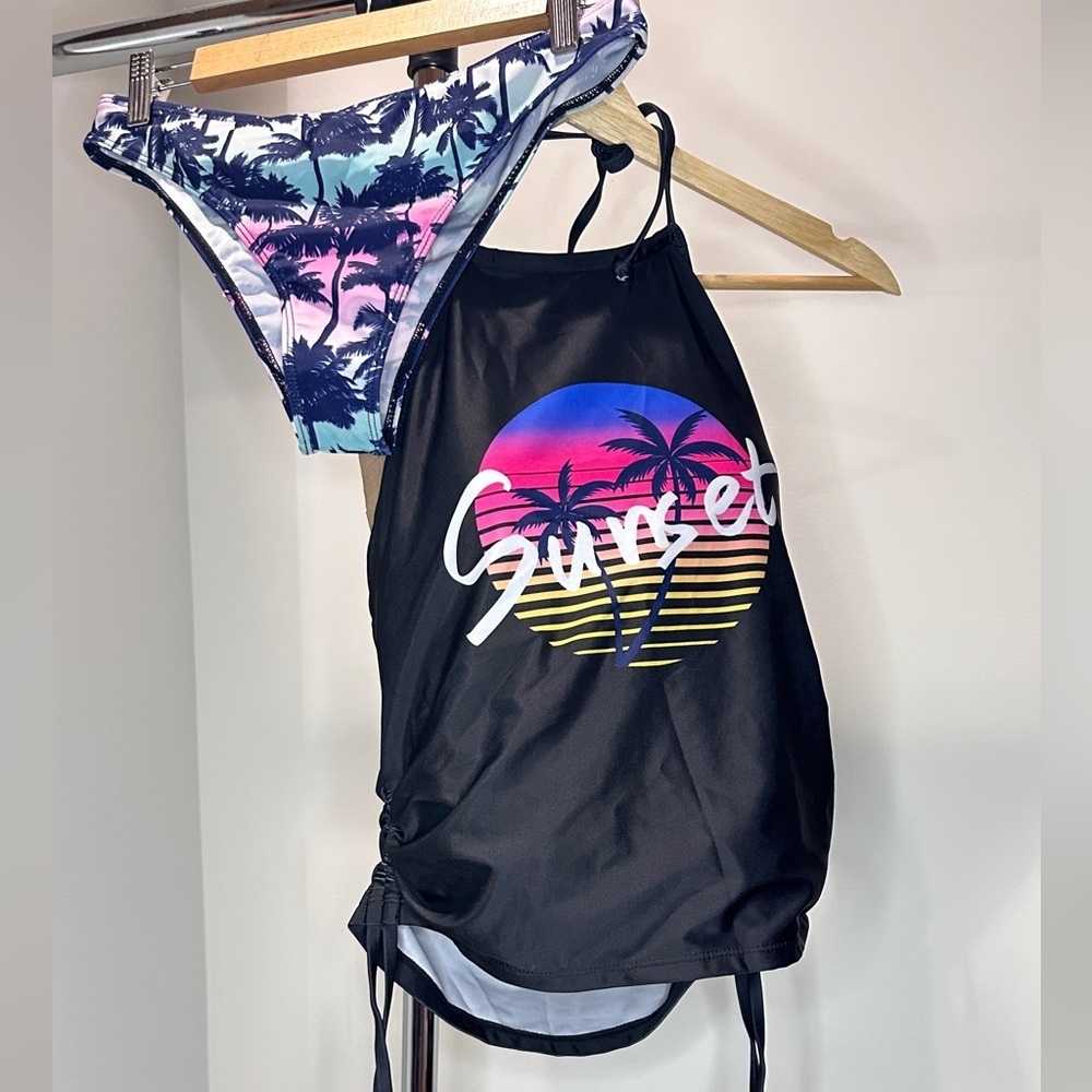 Sunset Tropical Logo Black and Multicolor Bikini Set, Medium